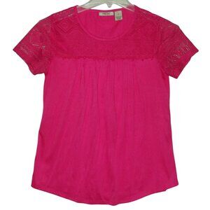 Fresh Blouse Womens Size Small Pink Lace Yoke Short Sleeve Top Shirt